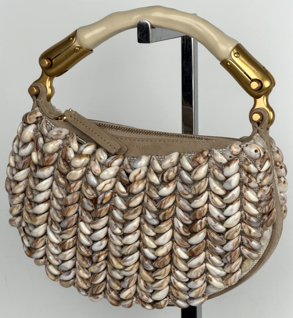 Balmain Ebene Mini Bag with Resin Top-Handle Beaded with Shell Embellishments E5